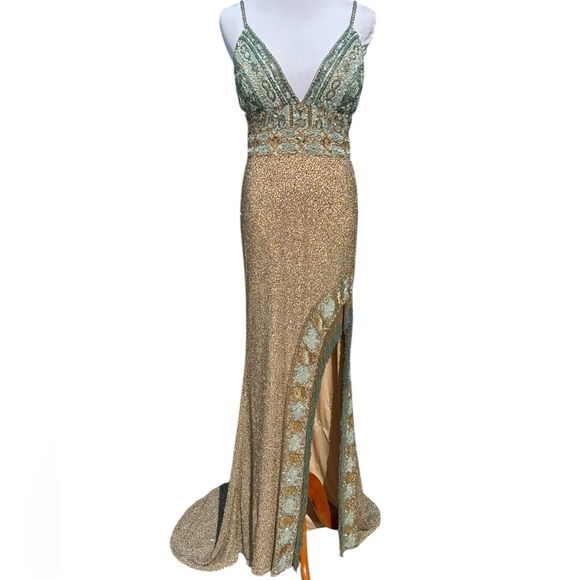 Rare hard to find Sherri Hill 54140 Gold Aqua Beaded Backless
Prom Evening Gown - Picture 3 of 16